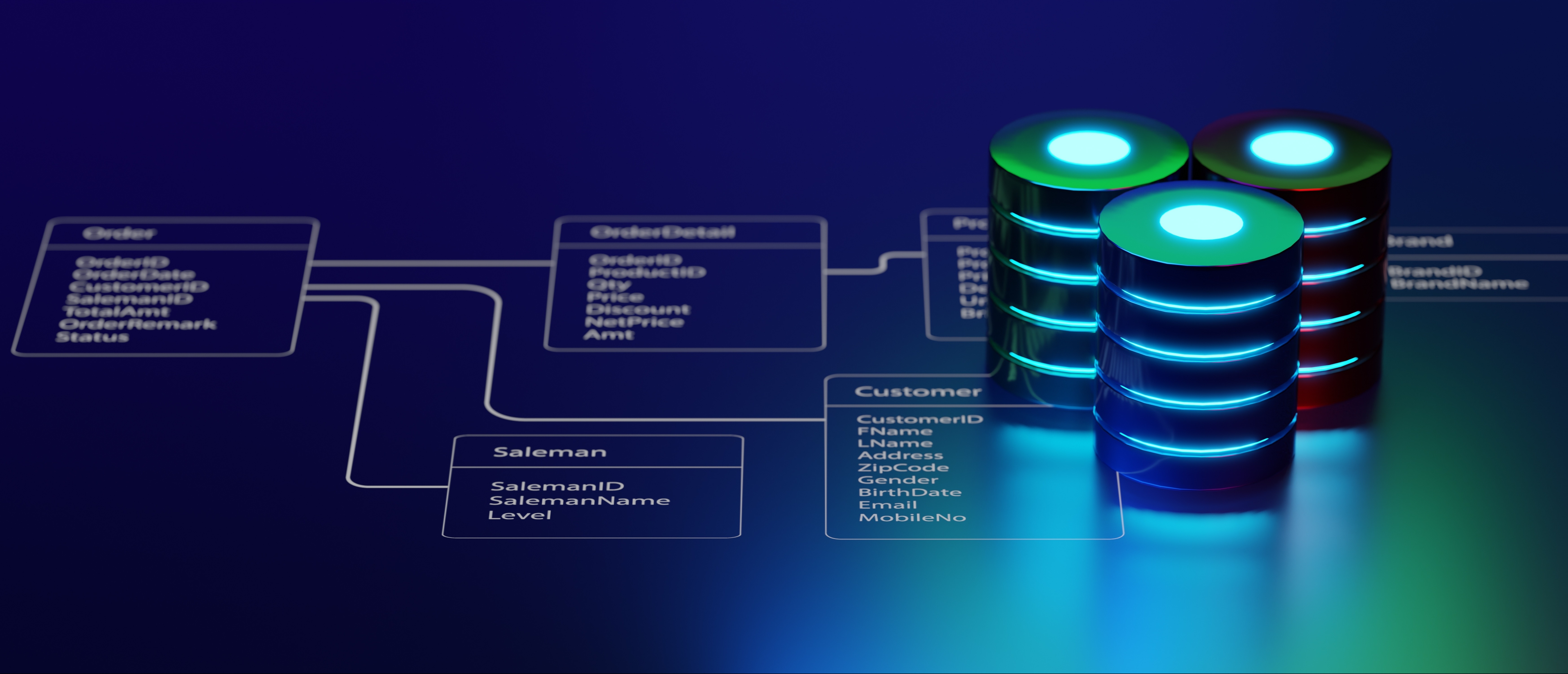 Three glowing database icons on a blue background represent complex data tables linked by lines